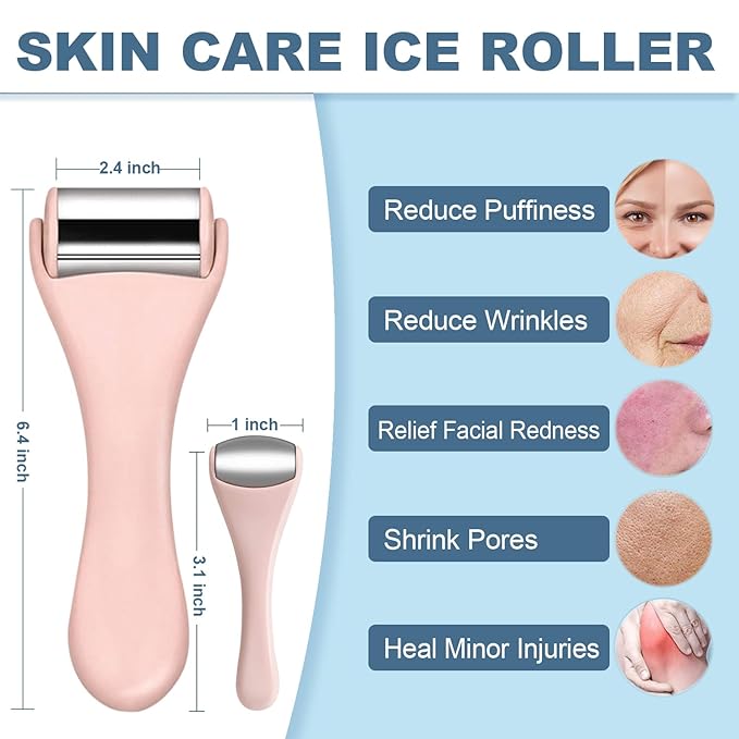 Ice Roller for Face & Eye, Facial Roller and Eye Massager Roller, Ice Roller for Body, Face, Tighten Pores, Migraine Relief Pain Relief Eye Puffiness Relief for Women - Face and Eye Roller 2PCS (Pink.