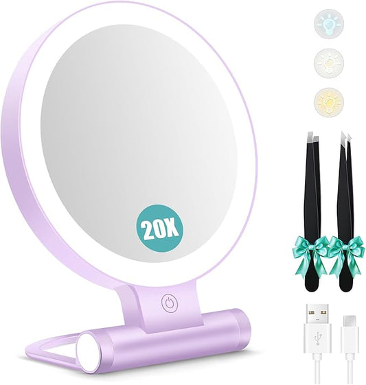 B Beauty Planet Magnifying Mirror with Light 30X, Double-Sided 1X/30X Magnifying Makeup Mirror with Tweezer, 2000mAh 3 Colour Modes with Adjustable Brightness,Foldable Travel Mirror(Purple)