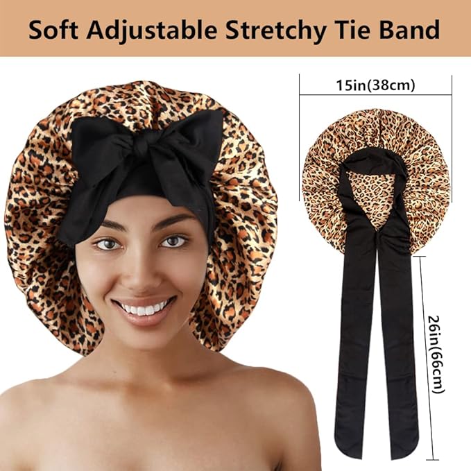 2pcs Large Silky Bonnets with tie Band Braid Bonnet, Satin Bonnet for Sleeping Curly Hair, B