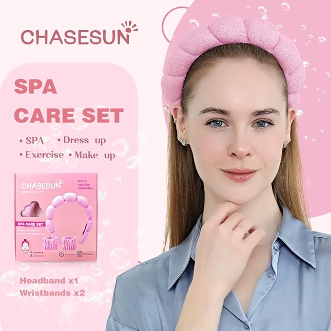 CHASESUN SPA Headband Skincare Hair Band Bubble headband Set for Washing Face Makeup Skincare SPA Bubble with Wristbands Set Pink