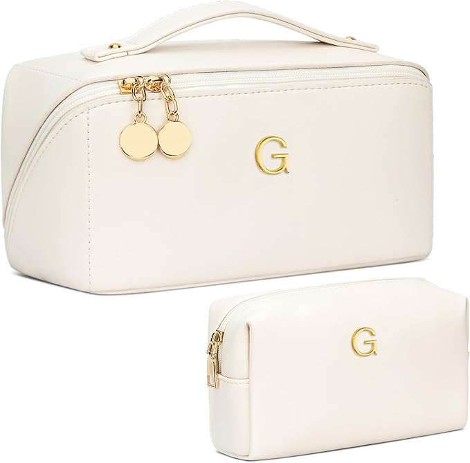 Birthday Gifts for Women Teen Girl, Personalized Initial Makeup Organizer Bag Set, Open Flat Travel Cosmetic Bag With Clear Divider and Handle(Beige,G)
