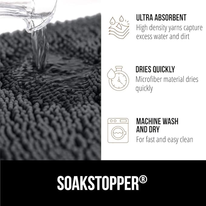 GORILLA GRIP SoakSTOPPER Dog Door Mat, 30x20 Machine Washable Rug Absorbent Doormat Captures Moisture Mud Dirt, Quick Dry Soft Chenille Entryway Rugs Indoor Entrance Mats for Dog Paws, Charcoal