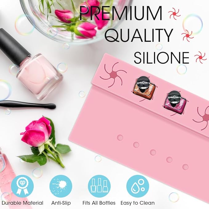 Nail Polish Holder,Silicone Hand Rest Mat Fingernail Painting Tools 2 in 1 Art Accessories Organizer Case Set with Anti-Spill Bottle Stand and Finger Separators for Pedicure Manicure(Pink)