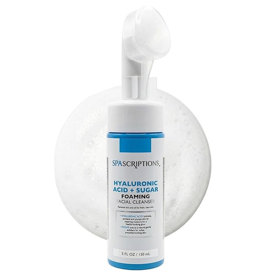 SpaScriptions 2 in 1 Cleanse & Exfoliate Foaming Facial Cleanser - Hydrating Hyaluronic Acid Face Wash with Sugar for Dry Skin with Soft Silicone Brush for Daily Cleansing, All Skin Types, 5 oz