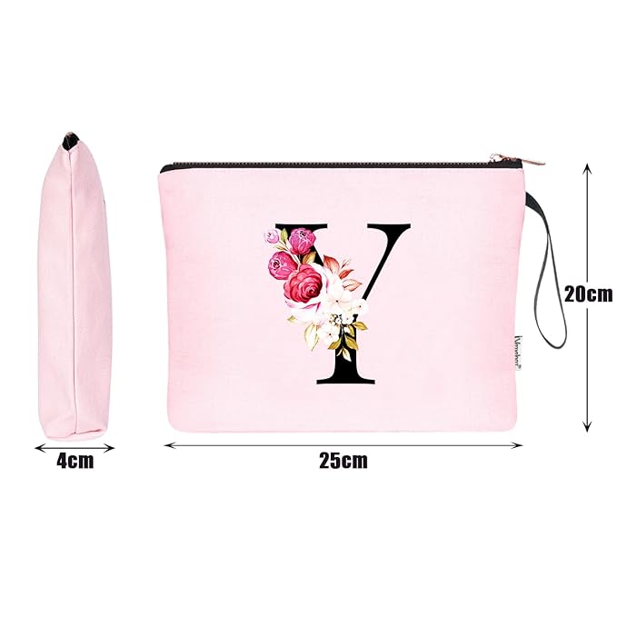 Vavabox A-Z Personalized Makeup Bag, Birthday Gifts for Women Mom, Gifts for Best Friend, Bride Bridesmaid Cosmetic bag (Y, Pink)