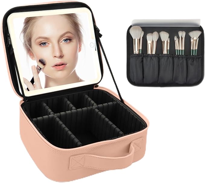 Travel Makeup Bag for Women and Makeup Artists Cosmetic Organizer Large Makeup Case,Travel Makeup Bag with Mirror 3 Color Setting,Portable Storage and Adjustable Dividers(khaki)