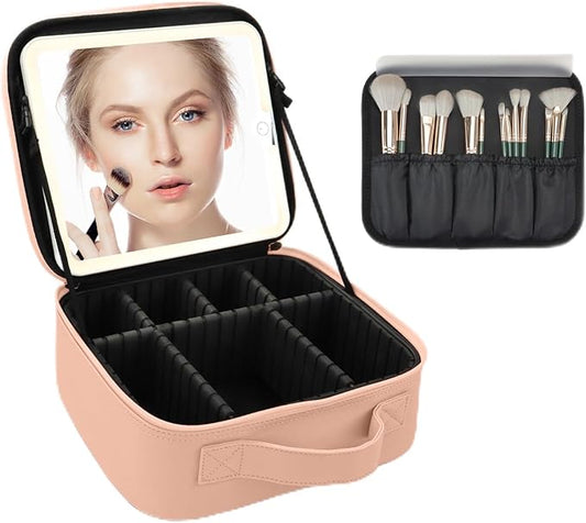 Travel Makeup Bag for Women and Makeup Artists Cosmetic Organizer Large Makeup Case,Travel Makeup Bag with Mirror 3 Color Setting,Portable Storage and Adjustable Dividers(khaki)