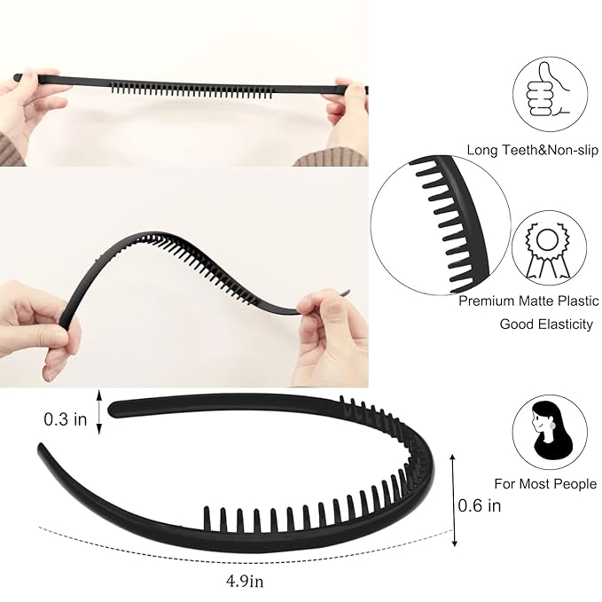 LAPOHI 8 PCS Non Slip Fashion Effortless Plastic Headbands with Teeth Comb Skinny Hair Accessories Bands for Women Men Teen Girls, Short Teeth Matte Black