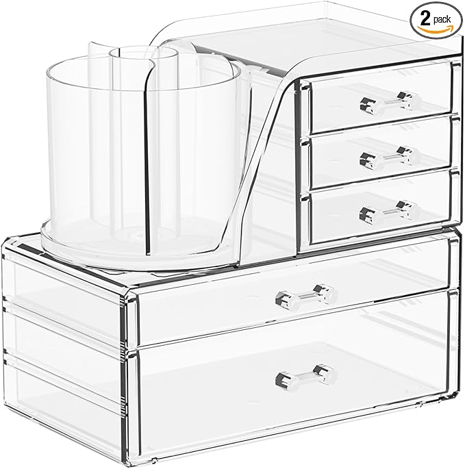 Clear Acrylic Makeup Organizers for Vanity,Countertop,3 Pack Make up Drawer Organizer With Makeup Brush Holder,Plastic Skincare Organizers for Hair Accessories,Beauty,Hair Products,Bathroom,Dresser