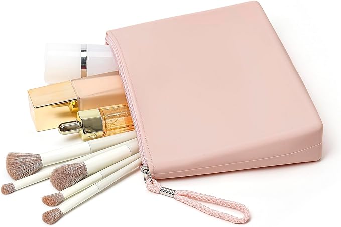 Silicone Makeup Bag for Purse Zipper Cosmetic Pouch Makeup Brush Holder Large Makeup Organizer Silicone Travel Pouch for Women (Pink)