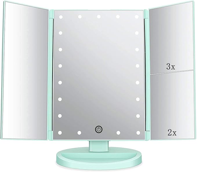 Flymiro Tri-fold Lighted Vanity Makeup Mirror with 3x/2x Magnification,21 LEDs Light and Touch Screen,180 Degree Free Rotation Countertop Cosmetic Mirror,Travel (Green)