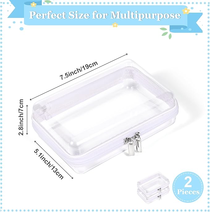 2 Pack Zippered Hard Pouch, Clear Plastic Storage Box Containers Small Toiletry Bag, Clear Hard Shell Zipper Case for Small Items, Toys, Building Blocks, Puzzles, Cosmetics, Stationery Accessories
