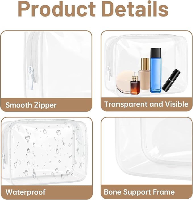 4 Pcs Clear Toiletry Bag, Portable Makeup Cosmetic Bags Pouch with Zipper, PVC Clear Travel Pouch for Women Men - White