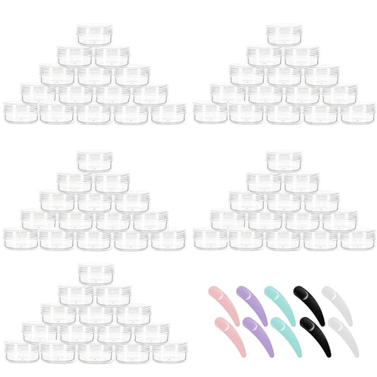 Refillable Cosmetic Sample Jars - 100 Pack 10g (0.35oz) Clear Small Travel Containers with Lids + 10 Mini Makeup Spatulas - BPA Free
