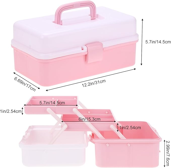OUTUXED 12.5inch 3-Layer Multipurpose Craft Organizers, Portable Folding Toolbox, Plastic Tool Box with Handle for Sewing Supplies, Medicine, Art Supplies, Nails and Hair Accessories(Dusty Pink)
