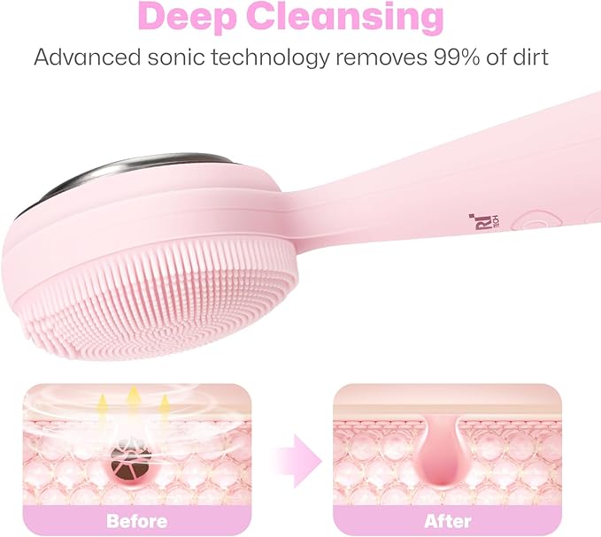 PRITECH Facial Cleansing Brush with 42° Constant‑Temperature Heating – Rechargeable Silicone Face Scrubber for Deep Pore Cleaning, Waterproof Vibrating Exfoliator for Women & Men (Pink)