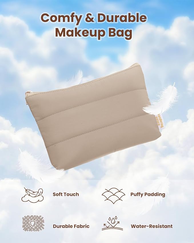 Wandering Nature Small Makeup Bag 2 Pack Cosmetic Bag for Purse, Puffer Quilted Makeup Pouch, Cute Travel Pouch with Zipper for Women, Khaqi