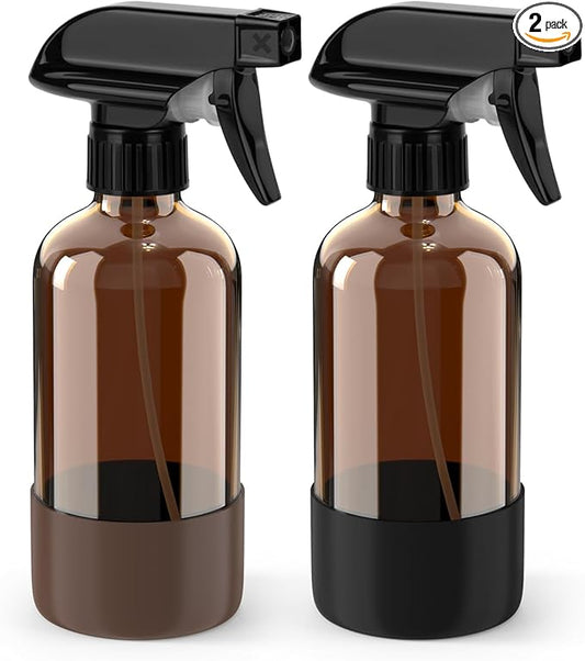 Bontip Glass Spray Bottle with Silicone Sleeve Protection, Amber Glass Spray Bottle Set for Window Cleaner Aromatherapy Facial Hydration Watering Flowers Hair Care 2 Pack/8 oz (Black & Brown)