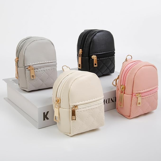 4Pcs Mini Backpack Keychain,Cute Cosmetic Bag for Women Christmas Gifts,PU Leather Makeup Bag Key Pocket Lipstick Bag Card Holder Data Cable Organizer Zipper Pouch (black beige pink gray)