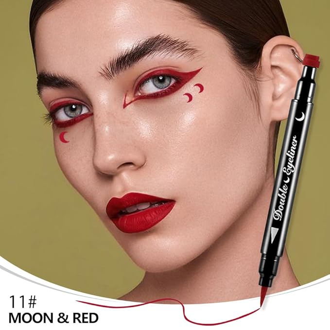 evpct 1Pcs 2-in-1 Red Colored Winged Eyeliners Stamp, Red Moon Face Stamps Makeup, Waterproof Eyeliner Eye Stamp Liners Tool Set Kit for Womem, Wing Eyeliner Stamp Figures Tool Wingliner Shapes, 11#