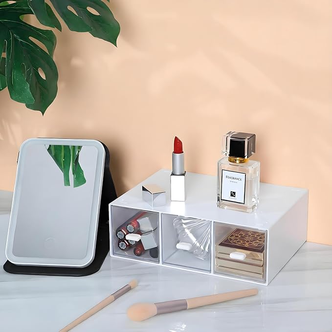 Desktop Drawers, Desk Organizer with 3 Drawers, Stackable Plastic Storage Box for Home Collection, Cosmetics, Jewelry, Office Supplies (1 Tall Layer, White)