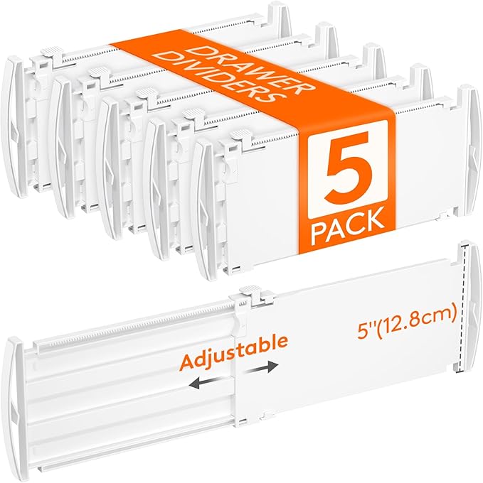 Lifewit 5" Tall 5 Pack Deep Drawer Dividers, 30 –47cm/11.5-18.5" Expandable Drawer Divider for Clothes, White Dresser Drawer Storage Organizers, Clothing Drawers Separators for Dresser Kitchen Bedroom