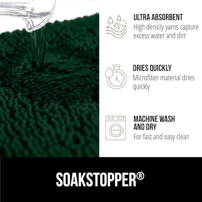 GORILLA GRIP SoakSTOPPER Dog Door Mat, 30x20 Machine Washable Rug Absorbent Doormat Captures Moisture Mud Dirt, Quick Dry Soft Chenille Entryway Rugs Indoor Entrance Mats for Dog Paws, Deep Green