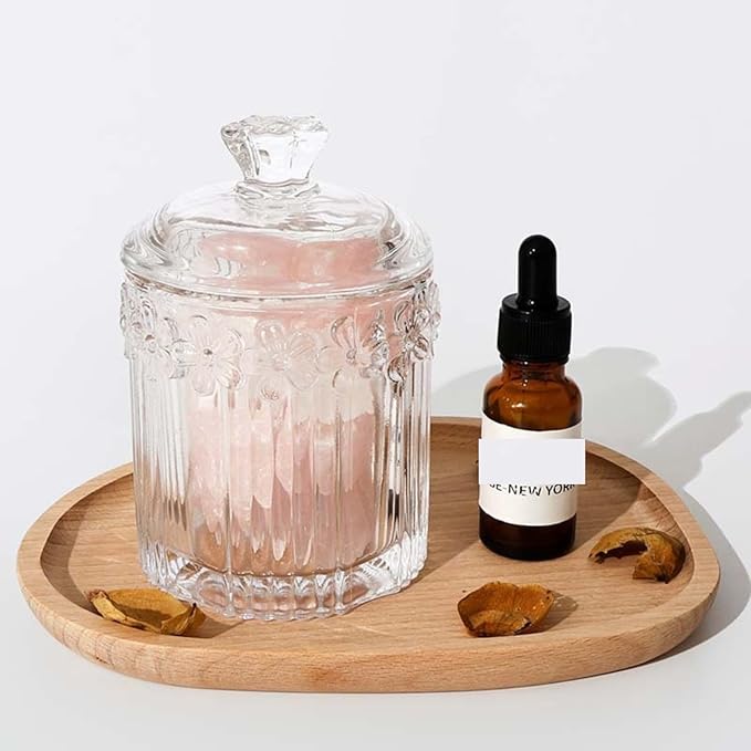 PENCK 2pcs Elegant Glass Qtip Holder Cute Apothecary Jars with Lid Stylish Hair Ties Candy Jar Bathroom Canister Essentials Accessories Decor Makeup Storage Organizer for Cotton Swabs, Balls (Clear)