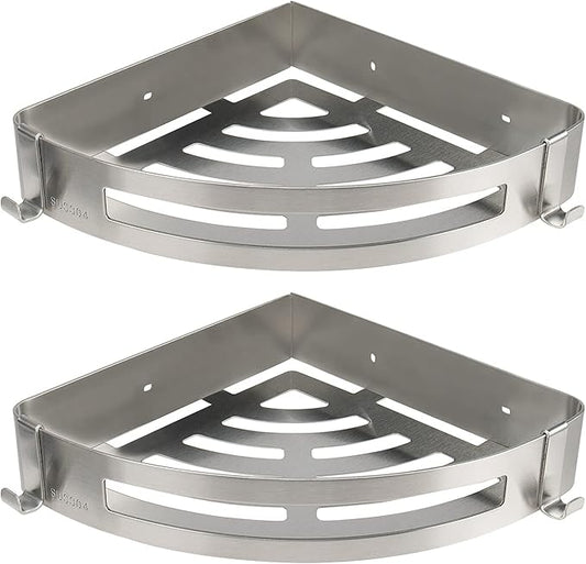 NearMoon Bathroom Shower Caddy 2 Pack, No Drill 304 Stainless Steel Shower Organizer with 2 Hooks (Corner Shelf, Brushed Nickel)