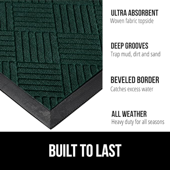 GORILLA GRIP 100% Waterproof All-Season WeatherMAX Doormat US Designed Natural Rubber, Stain and Fade Resistant, Low Profile Indoor Outdoor Door Mats, Easy Clean Patio Mat, 17x29, Green Diamond