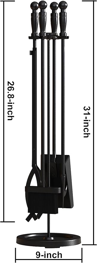 Fire Beauty Fireplace Tools Set 5 Pieces Wrought Iron Fire Place Pit Poker Holder 31" H (Black)