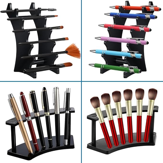 2 Pieces Plastic Pen Holder Stand, 6-Slots 2 Kinds Vertical and Horizontal Pen Display Stand Eyebrow Pen Stand Makeup Brush Rack Organizer for School Office Home Store (Black)