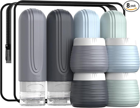 Travel Bottles for Toiletries 8 Pack, TSA Approved Travel Size Toiletries Containers Set, 4 Silicone Leak Proof Refillable Bottles and 4 Creams Jars Accessories Kit W/Clear Bag (GRAY)