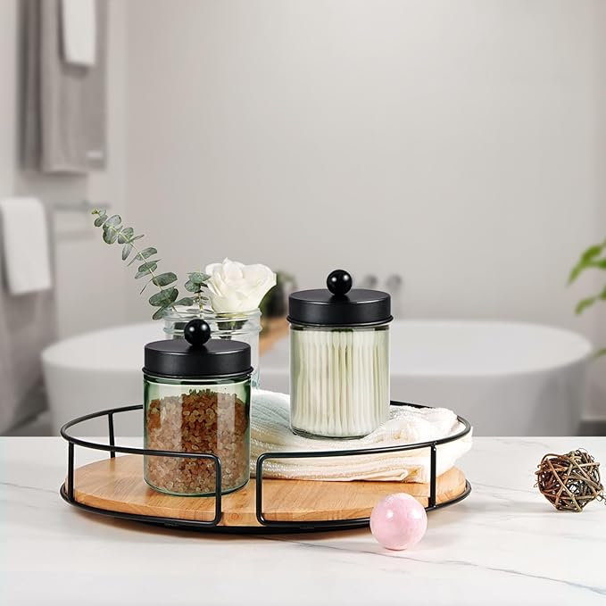 Amolliar Sage Green Qtip Holder, Glass Apothecary Jar Metal Lid & Stickers, Bathroom Qtip Dispenser Storage Canister, Perfect for Cotton Balls, Cotton Swabs, Round Pads, Bath Salt, Floss, Black 4 Pack