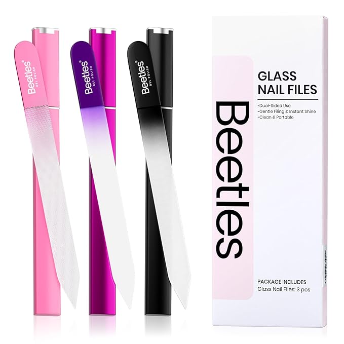 Beetles Glass Nail File for Natural Nails 3 Pack – Double-Sided Crystal Nail Files with Case Etched Gentle Nails Care for Shaping & Polishing Manicure, Washable Reusable Glass Fingernail Files