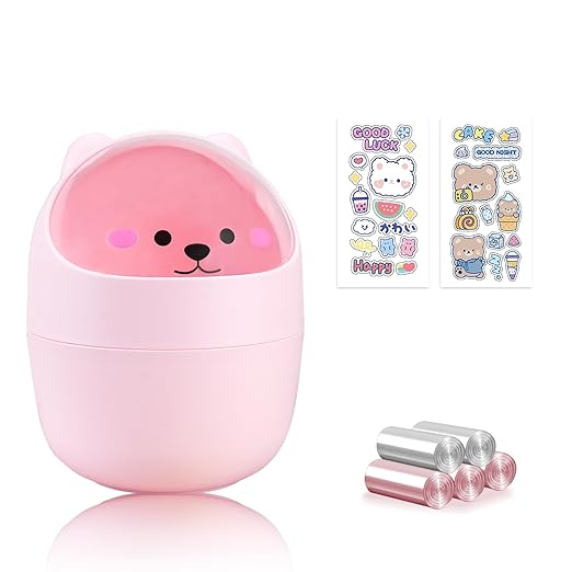 Cute Desktop Tiny Trash Can with Flip Lid, Creative Kawaii Bear Mini Wastebasket, Portable Countertop Dustbin for Office Kitchen Vanity Tabletop Bedroom (Pink)