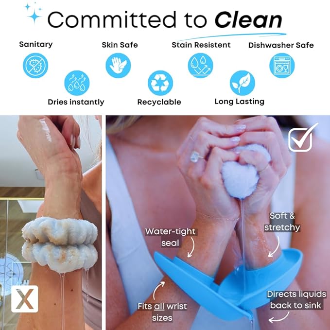 LiquiBands Face Washing Wristbands – No More Wet Sleeves with This Skincare Essential - Silicone Spa Bands to Catch Water Drips – Stocking Stuffer for Girls & Women (Sky Blue, 1 Pair)