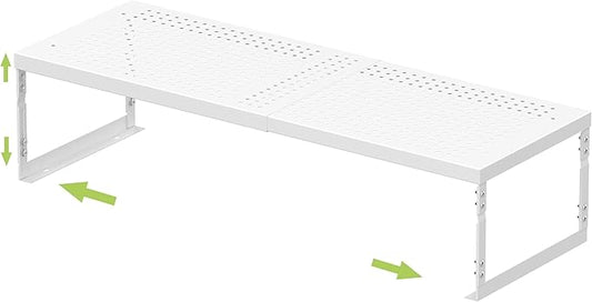 Adjustable Stackable Metal Storage Shelf Organizer - Expandable Wire Rack with Perforations for Kitchen, Pantry, Bathroom, Cabinet & Office-Compact, Durable & Sturdy (1PACK/Medium/White)