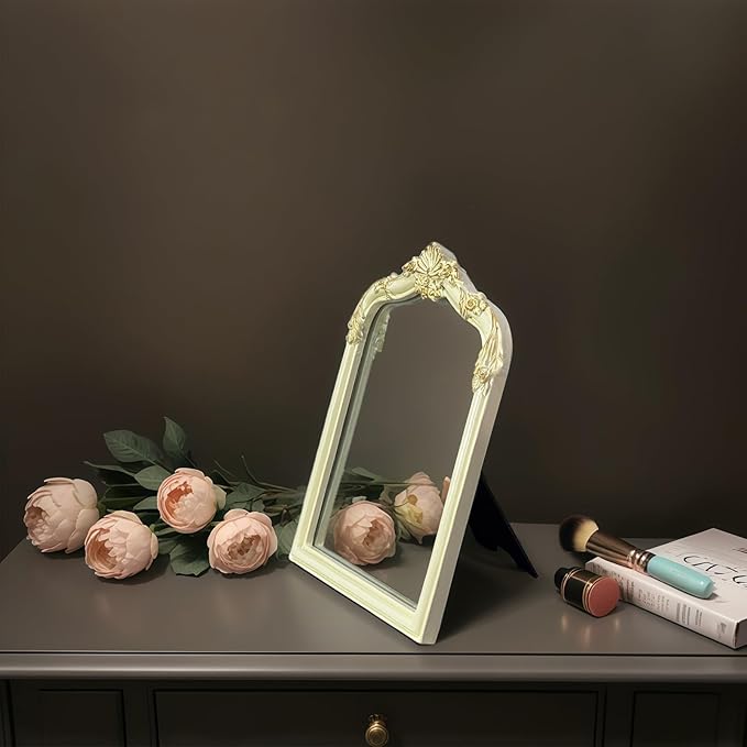 Cream Flower Bow Mirror - 13x10 Inch Perfect Elegant Decorative Accent, Wall-Mounted Tabletop Makeup Mirror for Nursery Baby Room Bedroom Decor