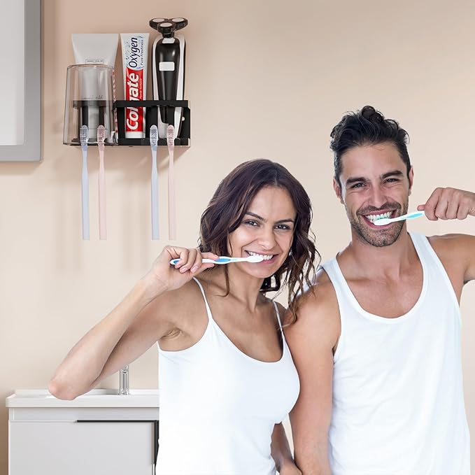 Toothbrush Holders for Bathroom, Toothbrush Holder Wall Mounted Large Capacity Tray, Self Adhesive Tooth Brushing Holder & Bathroom Accessories