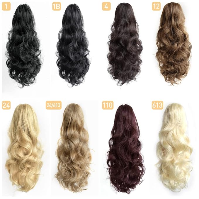 Claw Clip Ponytail Extension 16" Wavy Clips in Hair Extensions Curly Synthetic Pony Tails Fluffy Faux Ponytails Wigs Natural Hairpieces for Women Wedding Party Daily Use 6 Oz Dark Black