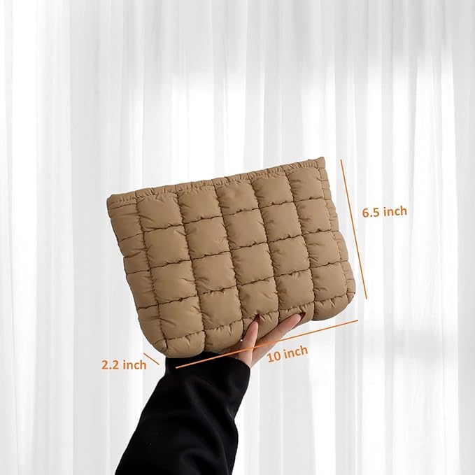 Puffy Quilted Makeup Bag for Women, Cosmetic Bag, Travel Toiletry Organizer Pouch Clutch (brown)
