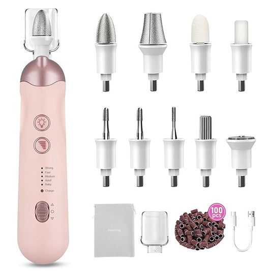 2 Pack 9-in-1 Cordless Nail Drill Nail Care with 100 Bits, 5 Speeds, Home & Salon Ready,Pink