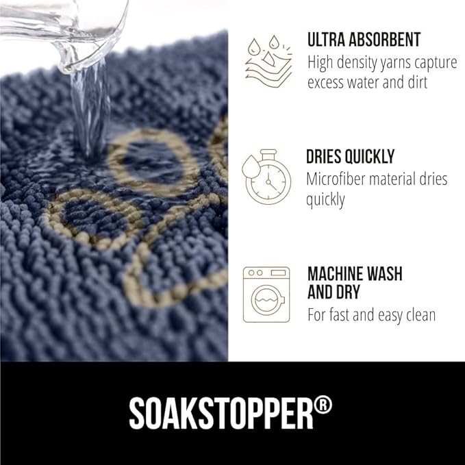 GORILLA GRIP SoakSTOPPER Dog Door Mat, 30x20 Machine Washable Rug Absorbent Doormat Captures Moisture Mud Dirt, Quick Dry Soft Chenille Entryway Rugs Indoor Entrance Mats for Dog Paws, Navy