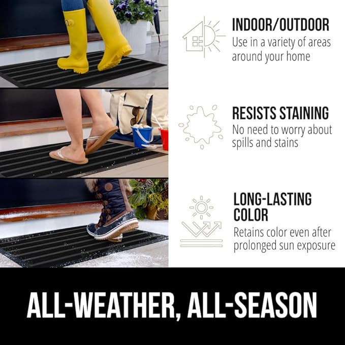 GORILLA GRIP 100% Waterproof All-Season WeatherMAX Doormat US Designed Natural Rubber, Stain and Fade Resistant, Low Profile Indoor Outdoor Door Mats, Easy Clean Patio Mat, 17x29, Black Stripe