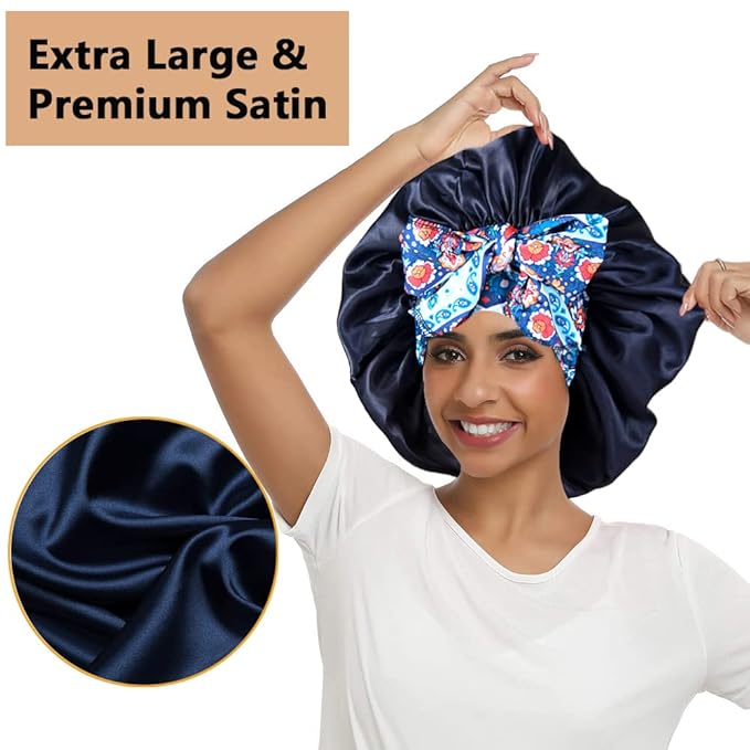 2pcs Large Silky Bonnets with tie Band Braid Bonnet, Satin Bonnet for Sleeping Curly Hair, G
