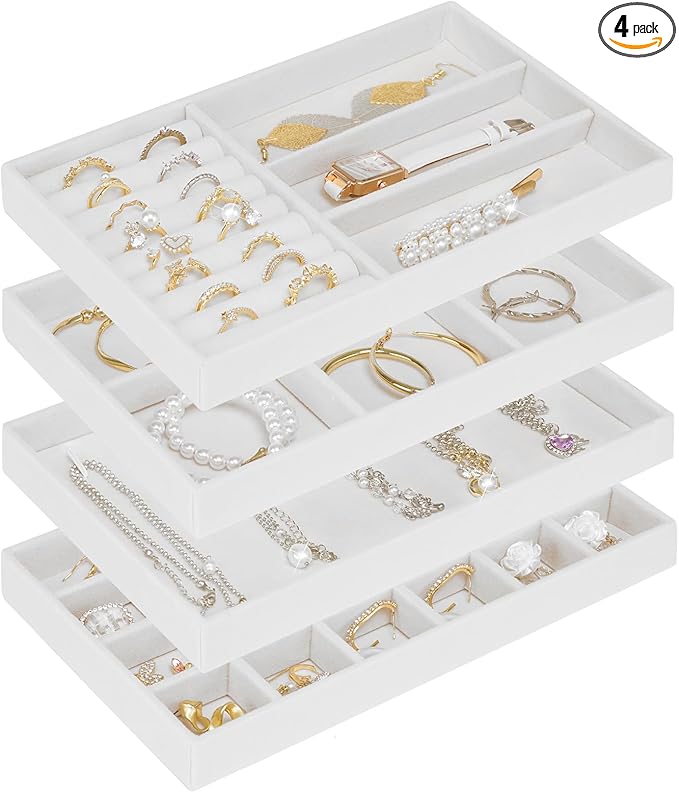 Cirhy 4 Stackable Jewelry Organizer Trays for Drawer, White Velvet Jewelry Drawer Inserts for Necklaces Rings Earrings & Bracelets, Elegant Jewelry Storage Tray & Display Case, Gift for Women
