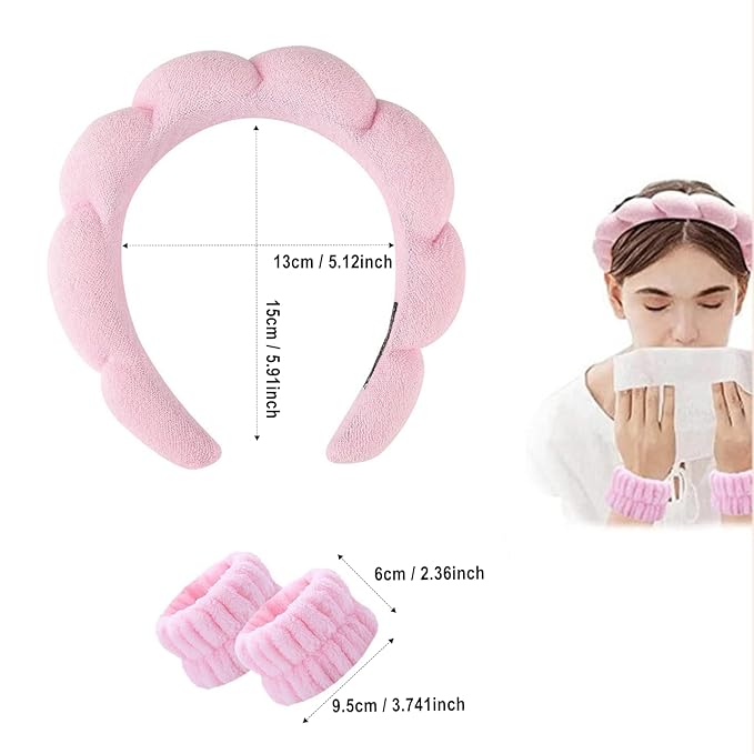 Spa Headband and Wristband Set for Women,Terry Cloth Sponge Headband for Washing Face,Makeup,Facial Mask and Skincare (Pink, One Size)