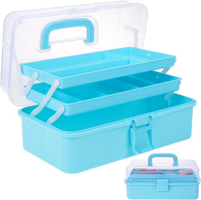 OUTUXED 12.5inch 3-Layer Multipurpose Craft Organizers, Portable Folding Toolbox, Plastic Tool Box with Handle for Sewing Supplies, Medicine, Art Supplies, Nails and Hair Accessories(Blue)
