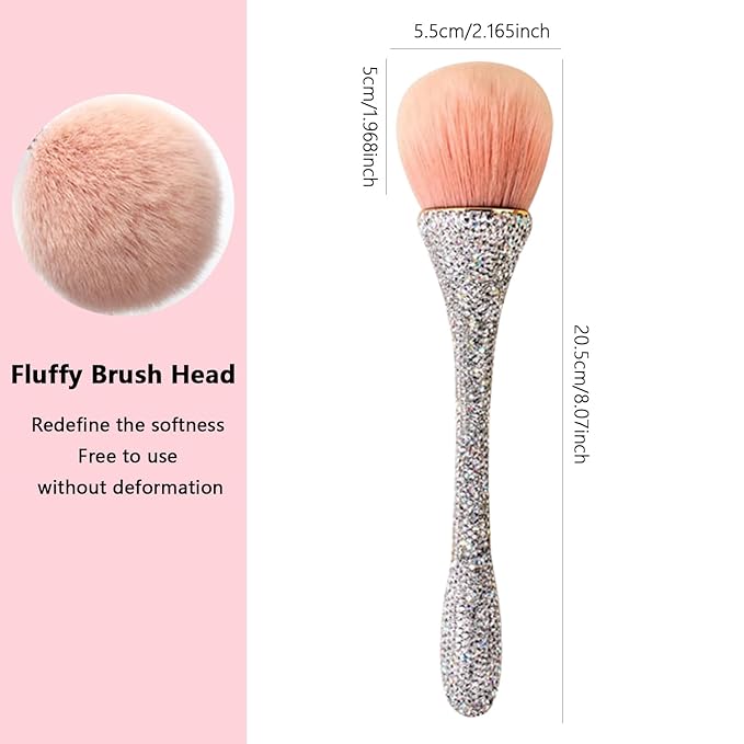WOKOTO 1pcs White Shiny Rhinestone Nail Art Dust Brushes For Acrylic Nails Powder Remover Brushes Loose Face Cosmetics Blending Liquid Foundation Powder Make Up Brushes Nail Trimming Cleaning Tools